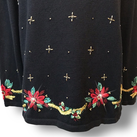 Theme Works Woman's Cardigan Sz PM Black Sequins Poinsettia Holiday Beaded - Picture 3 of 12